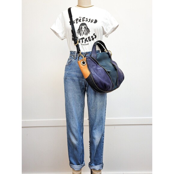 Purple Green COLORBLOCK Leather ORYANY Y2K Satchel Brass Zipper Jumbo Purse - Picture 2 of 10